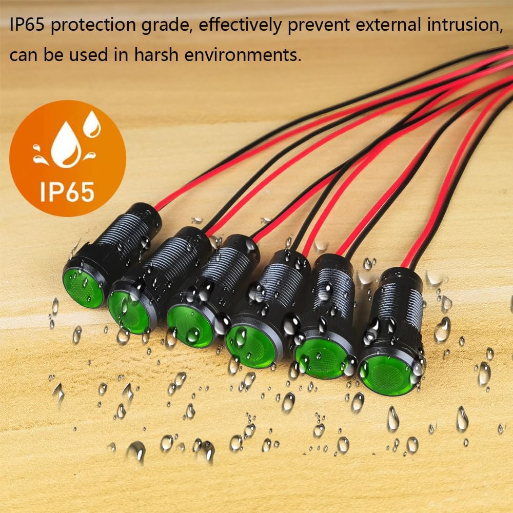6pcs Green LED Indicator Pilot Light AC/DC 12-24V Mounting Hole Size 10mm(Flame Retardant Plastic Shell)