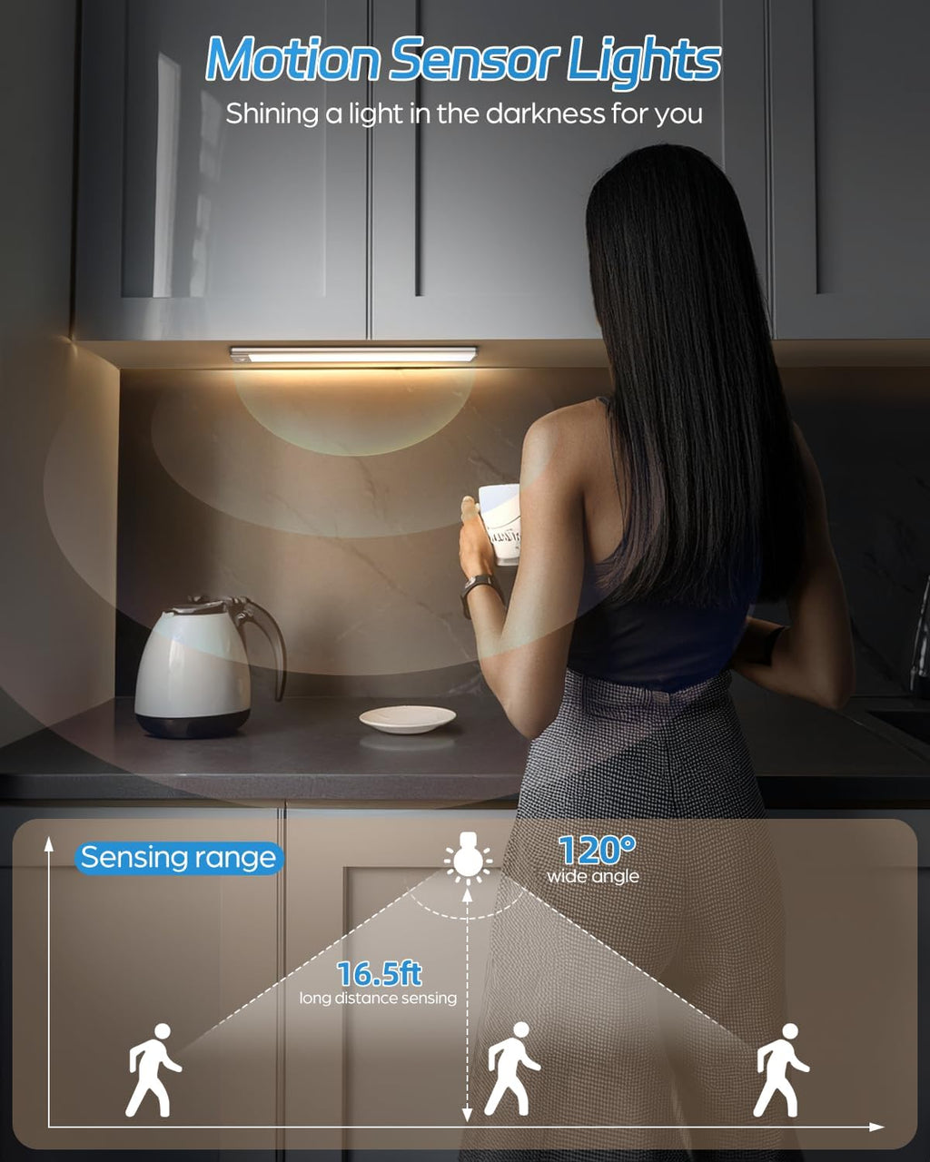 HIBOITEC Motion Sensor Cabinet Light 2500mAh 2 Packs Rechargeable 54LED Under Counter Closet Lighting, Wireless Night Light for Cabinet, Drawer, Wardrobe, Kitchen, Hallway