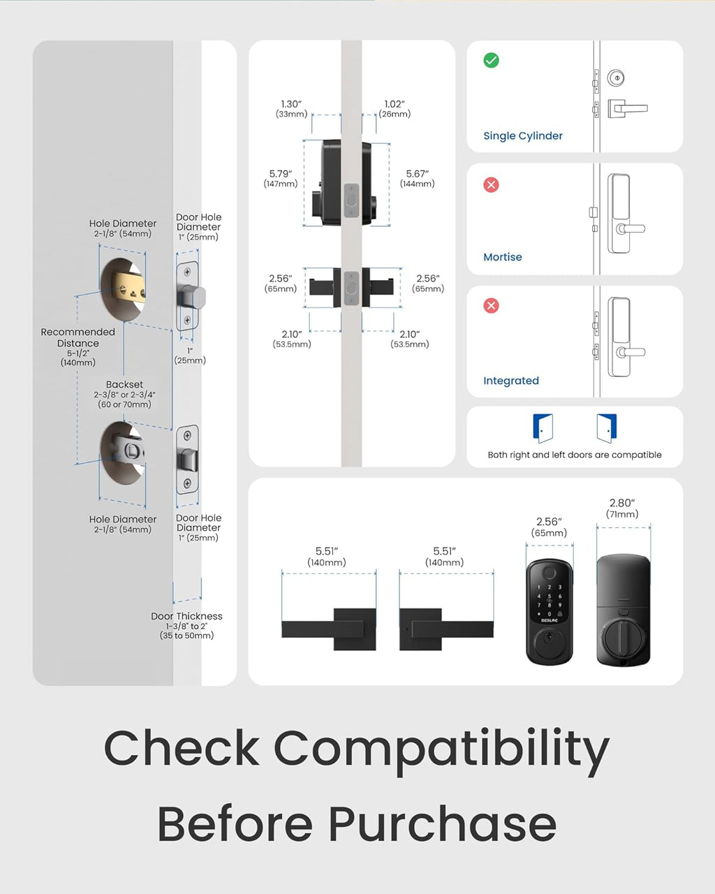 DESLOC B200 Fingerprint Smart Lock with 2 Lever Handles, Keyless Entry Front Door Lock Set, Electronic Keypad Deadbolt, App Control, Auto Lock, Long Battery Life, Secure Home Access