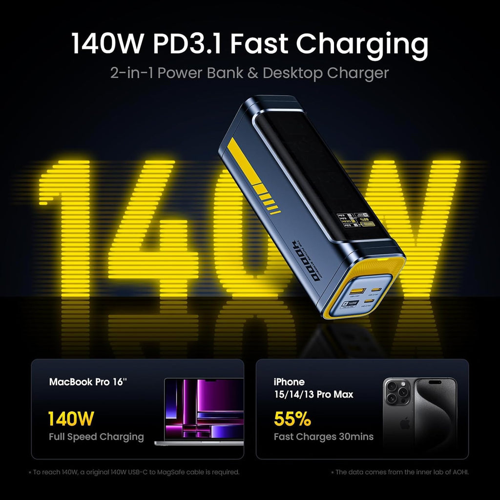 AOHI 140W PD3.1 Laptop Power Bank 40000mAh Fast Charging Station, The Future Starship 2 in 1 Camping Large Portable Charger for MacBook Pro/Air, iPad Pro, iPhone 16 Pro Max,Galaxy,Steam Deck, Grey