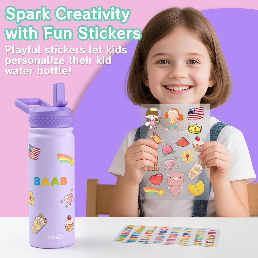 baab 18oz Kids Water Bottle, Insulated Water Bottle with Straw & Stickers, 18/8 Stainless Steel Vacuum Leakproof Kds Water Straw Cup for School, Perfect for Boy Girl (Purple, 1 Pack)