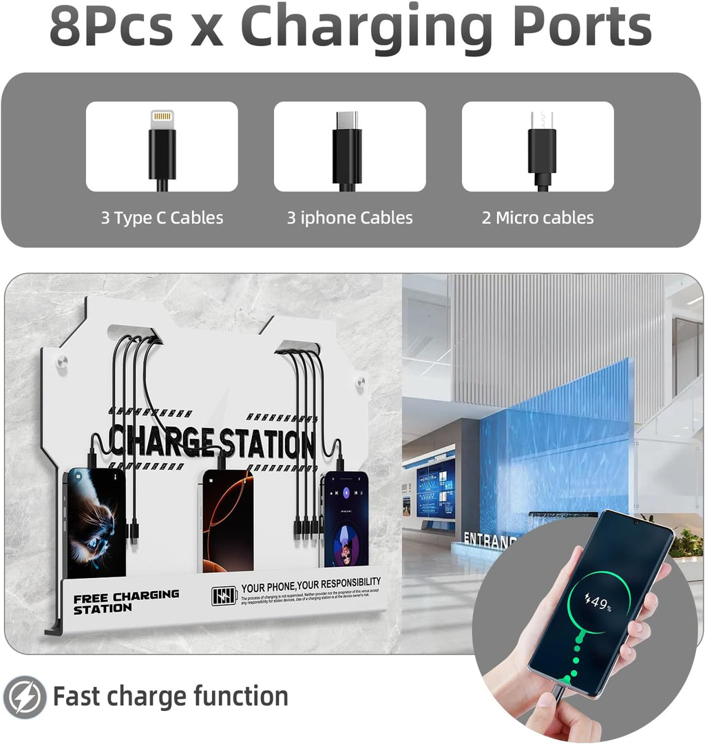 Mechanical Type Wall Mounted Charging Station with 8 PortHigh Speed Cables - Universal Dock for Apple, Type-C & Android Devices, Perfect for Airports, Hotels, Offices, School (White)