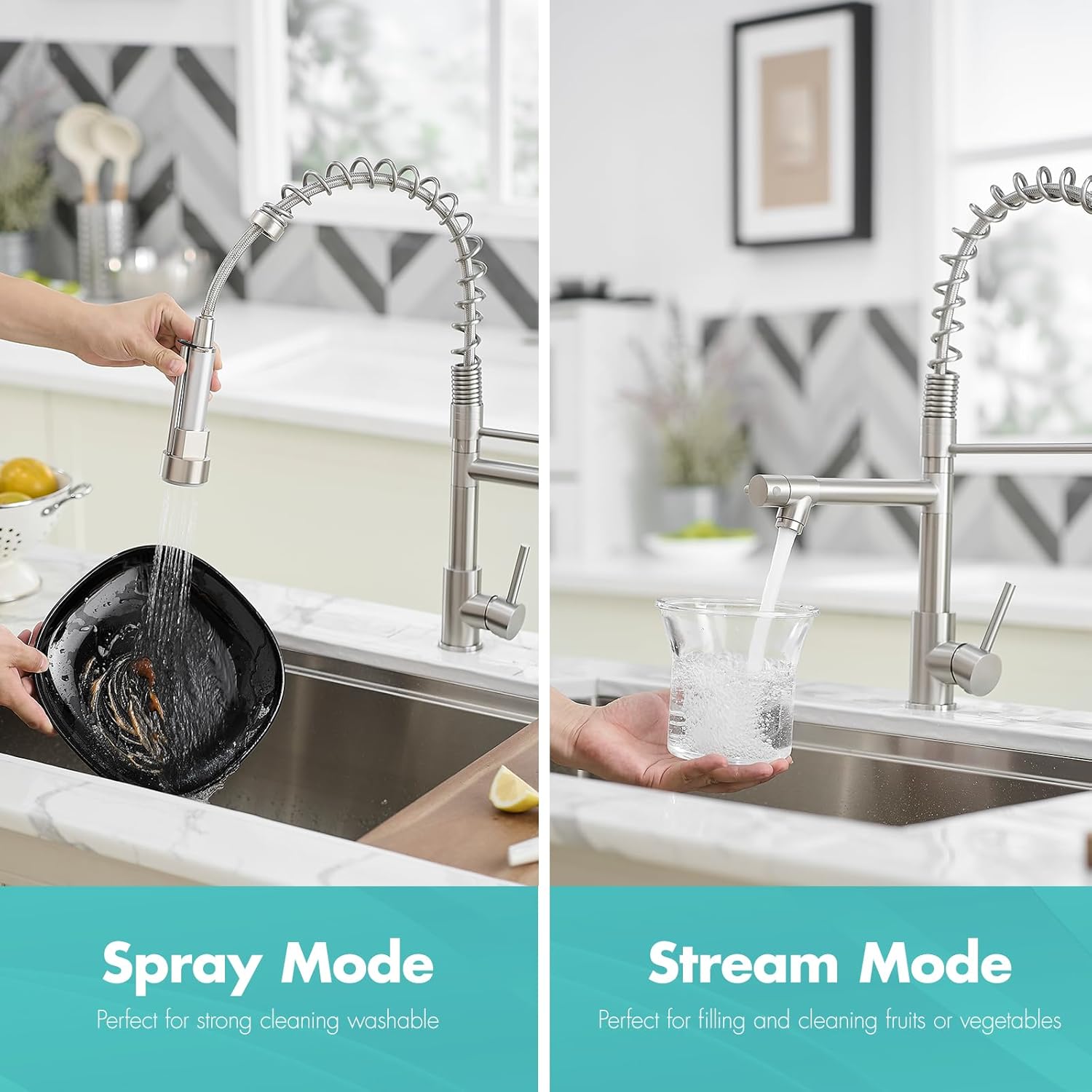 AIMADI Commercial Kitchen Faucet with Dual Spouts, Brushed Nickel Single Handle Stainless Steel Pull-Down Sink Faucet, Suitable for Farmhouse Camper Laundry Rv Bar