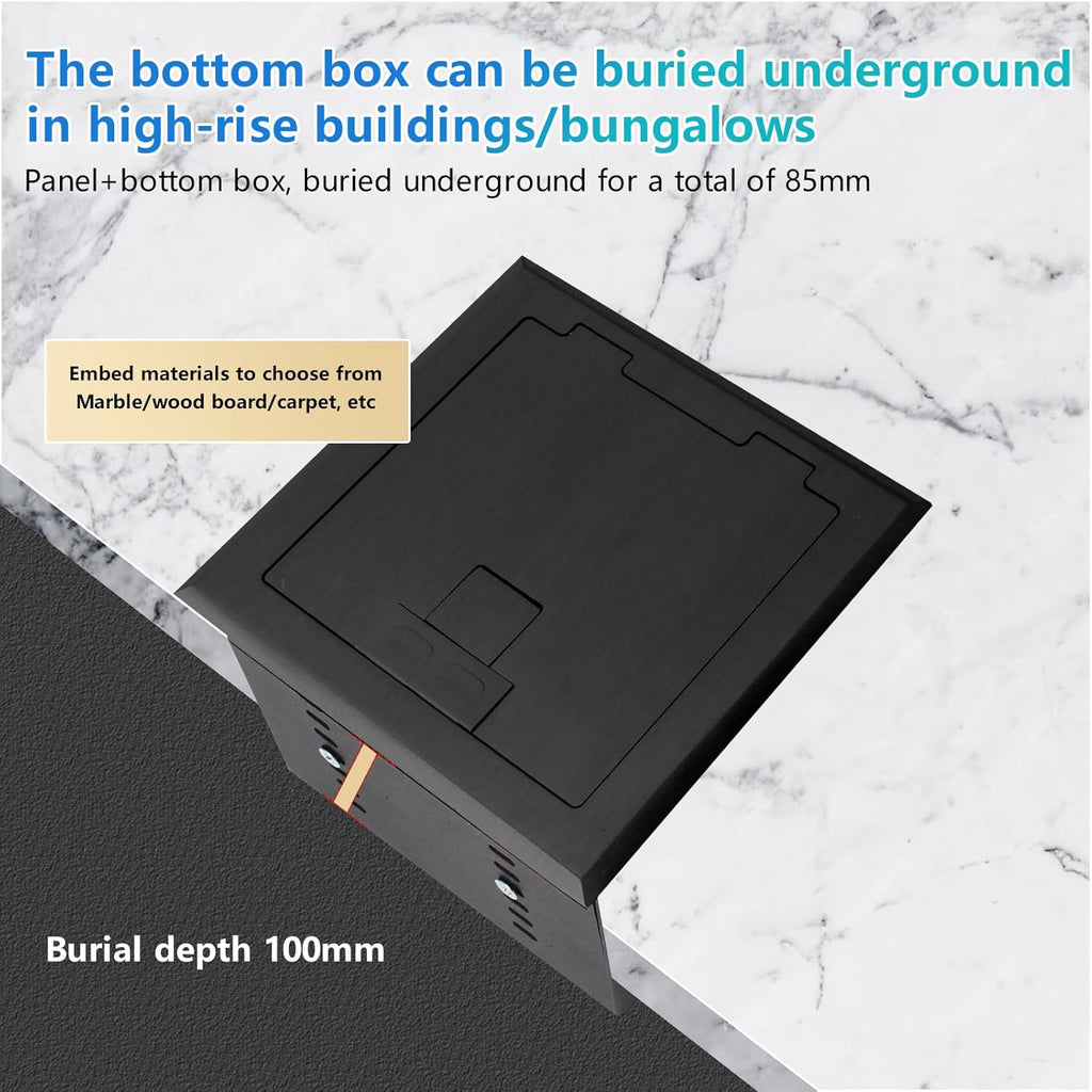 KYHSHJ Recessed Flat Hidden Socket Kit with 2 * 15A Receptacle，4.8A 1 USB-A Ports &1 USB-C Port+3-Port RJ45 Datacom Receptacle. Internal Height Adjustable，Corrosive Resistant Hardware,Black
