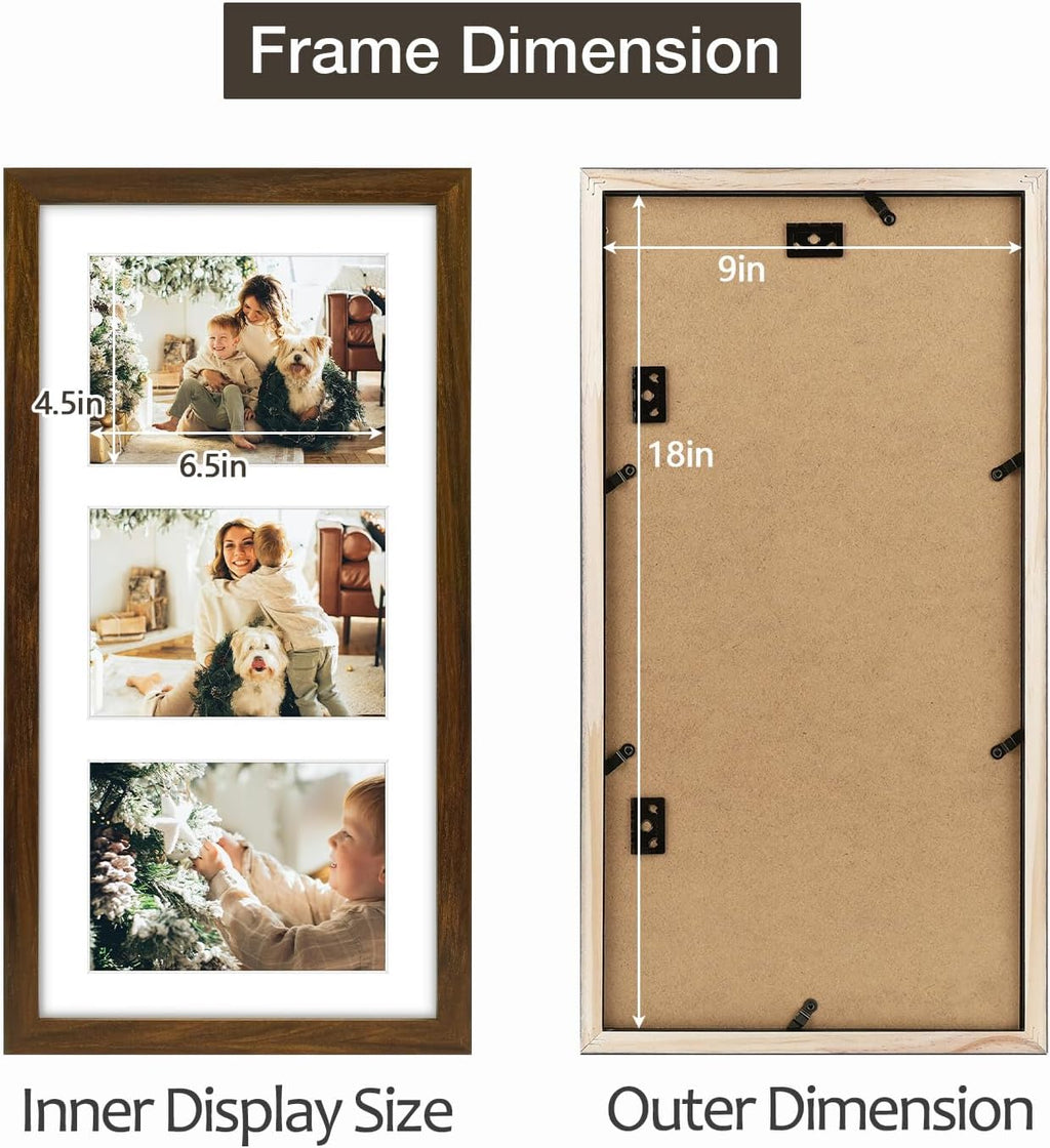 Golden State Art Three 5x7 Collage Picture Frame - Solid Wood with Tempered Glass - Multi Picture Frame Display Three 5x7 Photos with Mat - or One 9x18 Frame Without Mat for Wall Decor, Brown