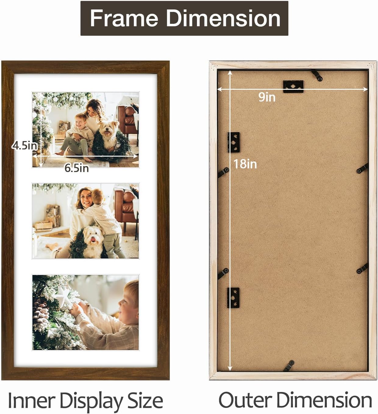 Golden State Art Three 5x7 Collage Picture Frame - Solid Wood with Tempered Glass - Multi Picture Frame Display Three 5x7 Photos with Mat - or One 9x18 Frame Without Mat for Wall Decor, Brown