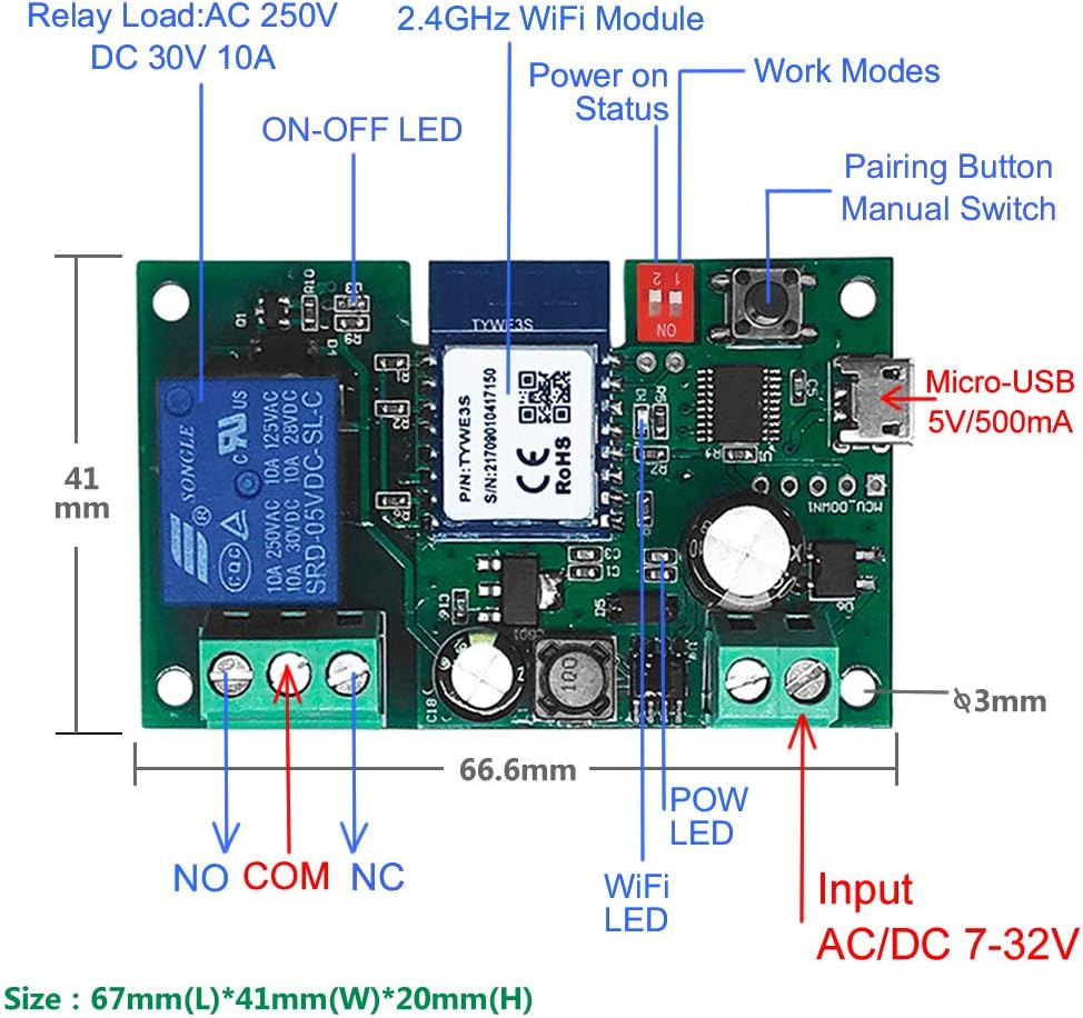 WiFi Wireless Inching Relay Switch Momentary DIY Smart Home Remote Control DC 5-32V AC 90-250V Compatible With Alexa Echo IFTTT (Using TUYA/Smart Life APP)