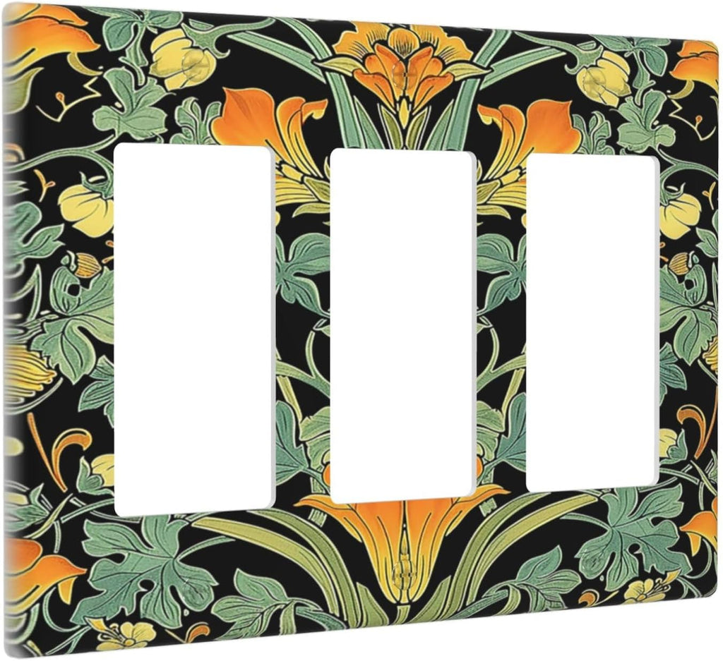 Light Switch Covers William Morris Vintage Floral Green Yellow 3 Gang Rocker Electrical GFCI Decorative Triple Outlet Wall Plate Cover Switchplate for Bedroom Home Decor