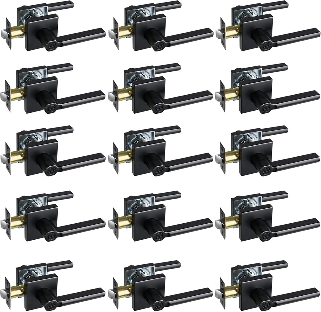 Privacy Door Lever, Heavy Duty Bathroom Bedroom Handle Lock, Keyless Interior Knobs, Matte Black, Reversible for Right&Left Handed, 15Packs