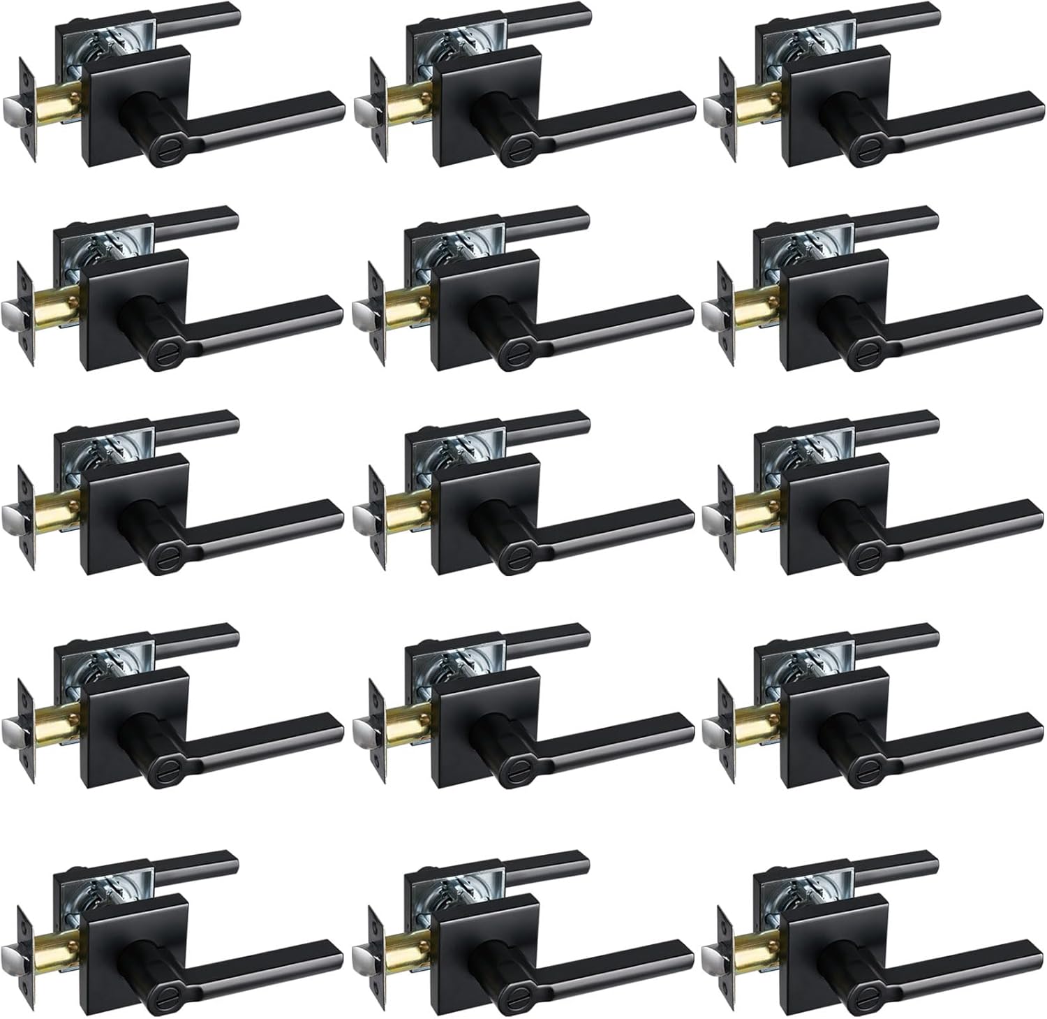 Privacy Door Lever, Heavy Duty Bathroom Bedroom Handle Lock, Keyless Interior Knobs, Matte Black, Reversible for Right&Left Handed, 15Packs
