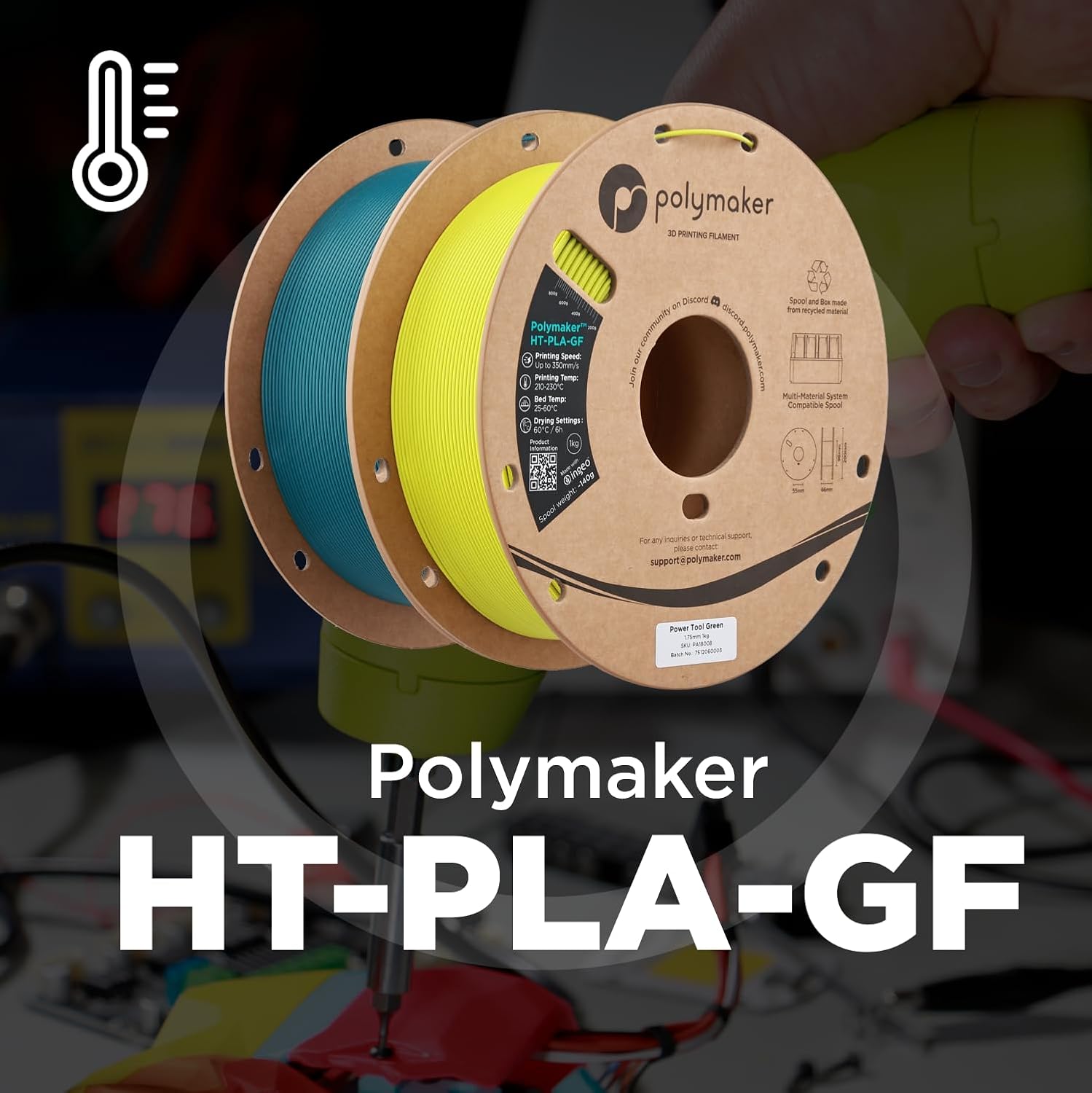 Polymaker HT-PLA-GF Filament 1.75mm Army Green, High Temp PLA for 3D Printing, Heat Resistant to 150°C, Easy to Print, Easy to Anneal, Works with Most FDM Printers, 1kg Spool