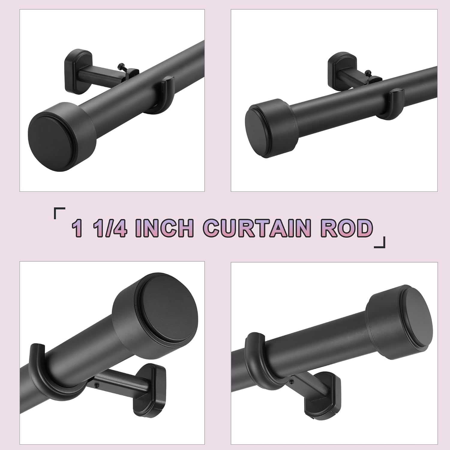 Heavy Duty Curtain Rods,1 1/4" Large Diameter Premium Nonadjustable Curtain Rod,84in/7ft Custom Window Treatment Rods with Durable Aluminum Brackets and End Caps,Black Finish