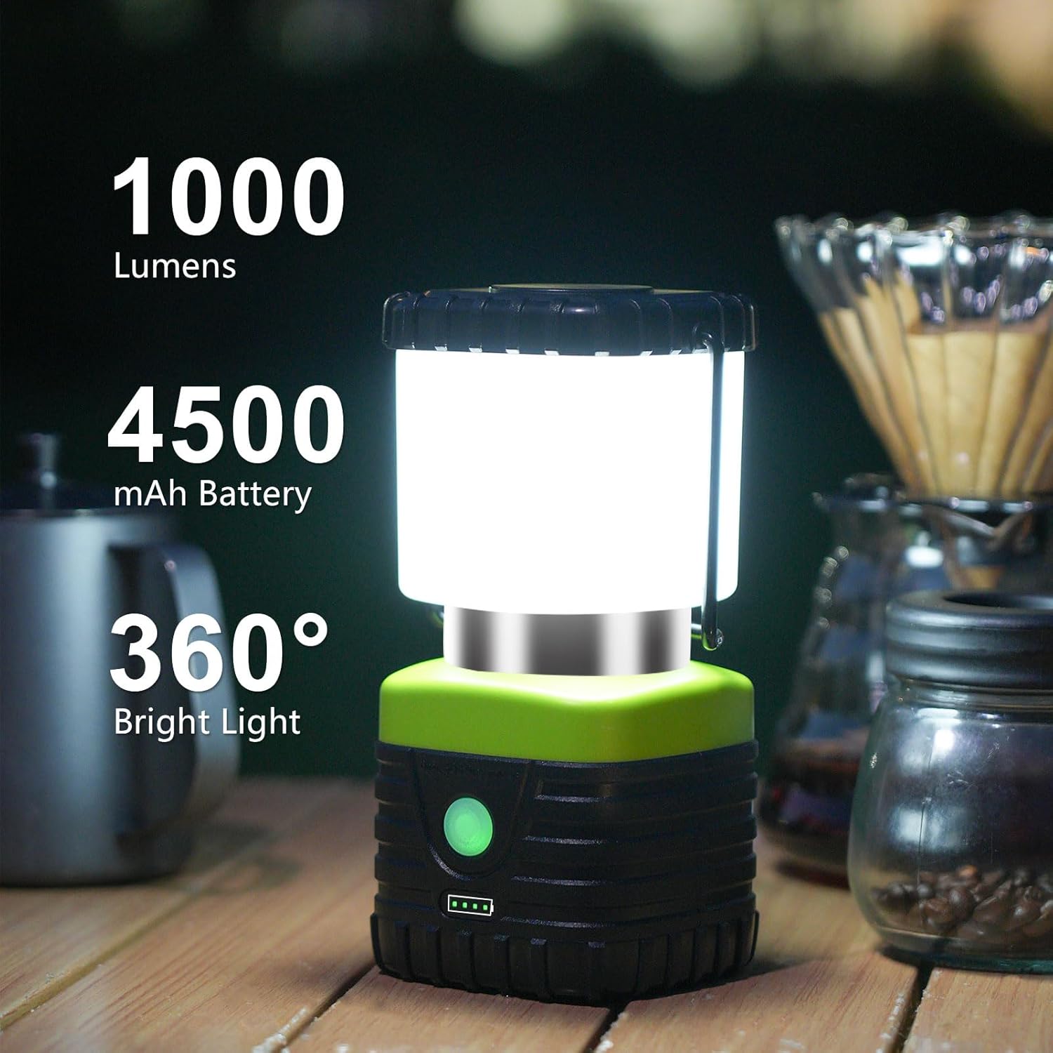 3PCS 6500K White Light LED Camping Lantern Rechargeable 1000LM, 4500mAh Power Bank, Flashlight for Hurricane Emergency, Hiking, IP44 Waterproof Lantern(Green)