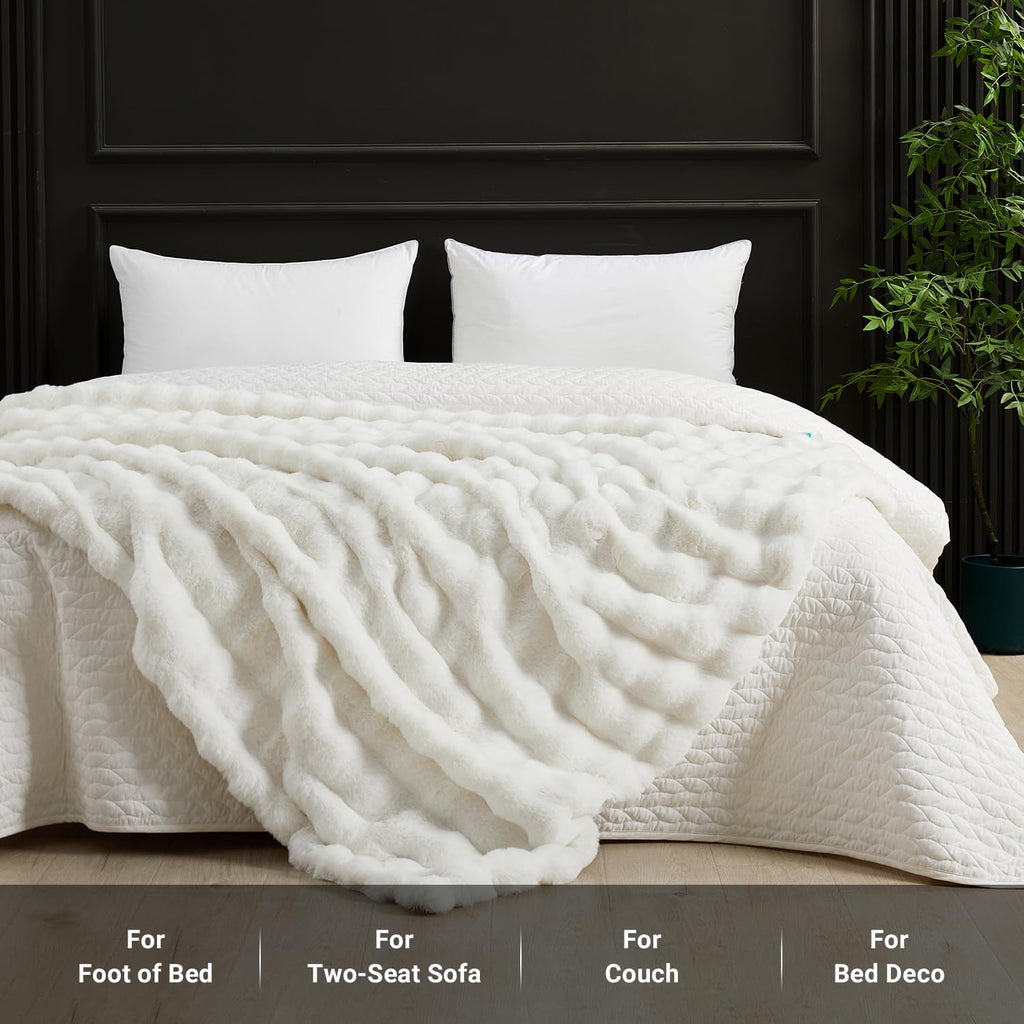 SAPHREAS Faux Fur Throw Blanket for Couch, Fluffy Fuzzy Bubble Blanket for Sofa Bed Living Room, Decor Soft Cozy Gifts for Women Men, 60x80” Cream White