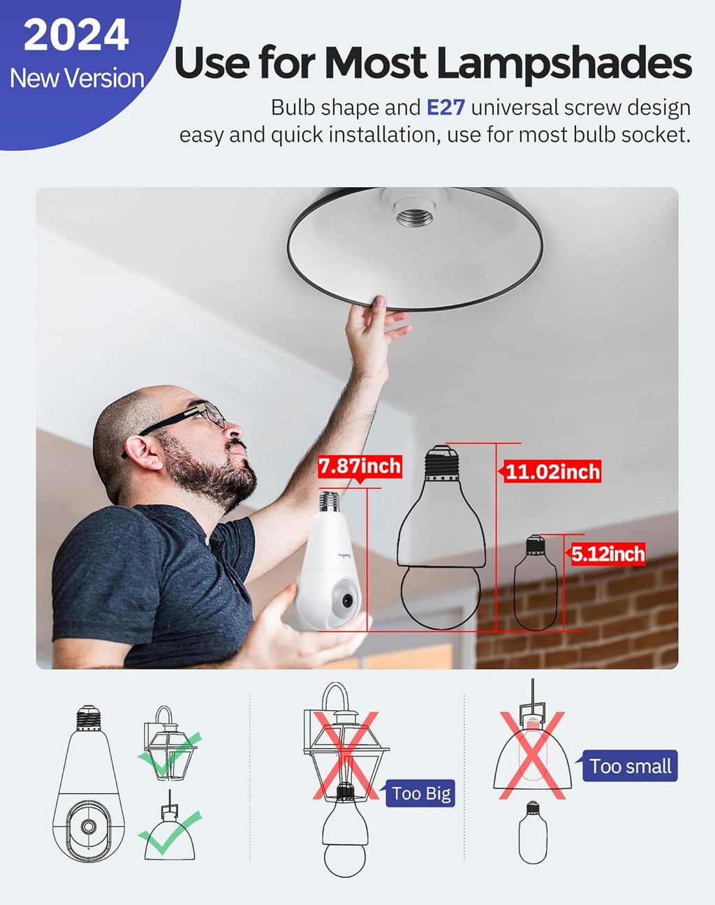 Hugolog 2K 3MP Light Bulb Security Camera 5G& 2.4GHz WiFi, 360° Wireless Outdoor Indoor Camera for Home, Motion Detection, Two-Way Talk, Color Night Vision, Siren Alarm, Compatible with Alexa(2 Pack)