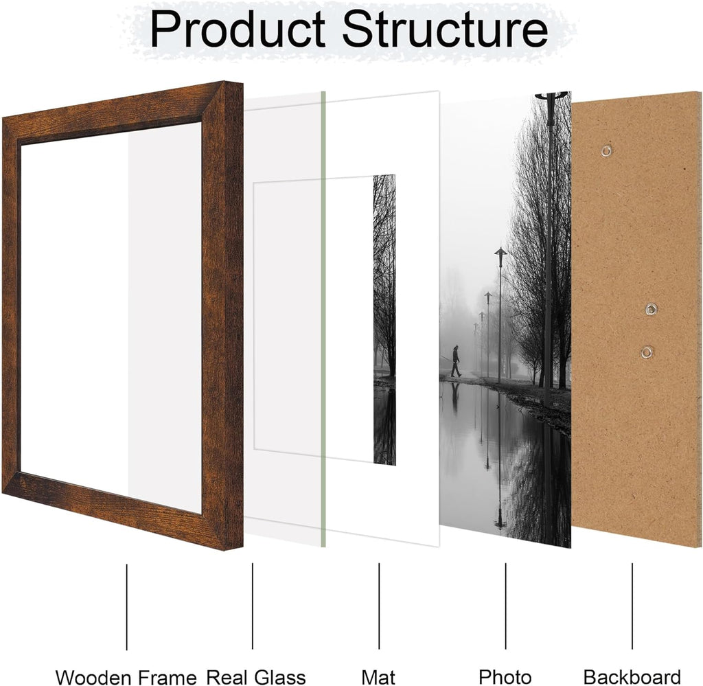 iRahmen 11x14 Picture Frame Set of 4 with Tempered Glass, Rustic Frame Display 8x10 Pictures with Mat or 11 x 14 Without Mat, Wooden Photo Frames for Wall Mounting
