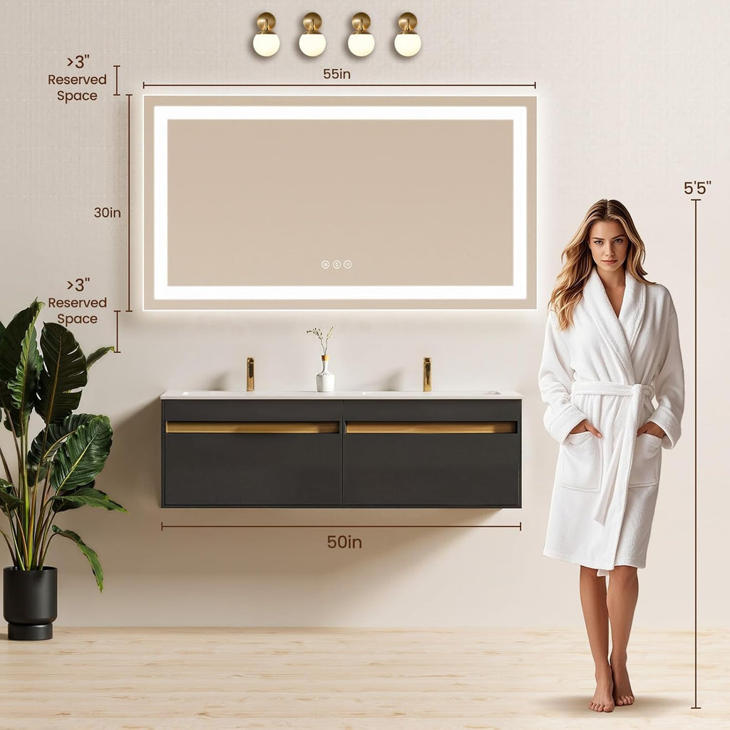 55X30 LED Bathroom Mirror with Lights, Anti-Fog, Backlit + Front Lit, Lighted Bathroom Vanity Mirror for Wall, Memory Function, Dimmable, Tempered Glass, Shatter-Proof
