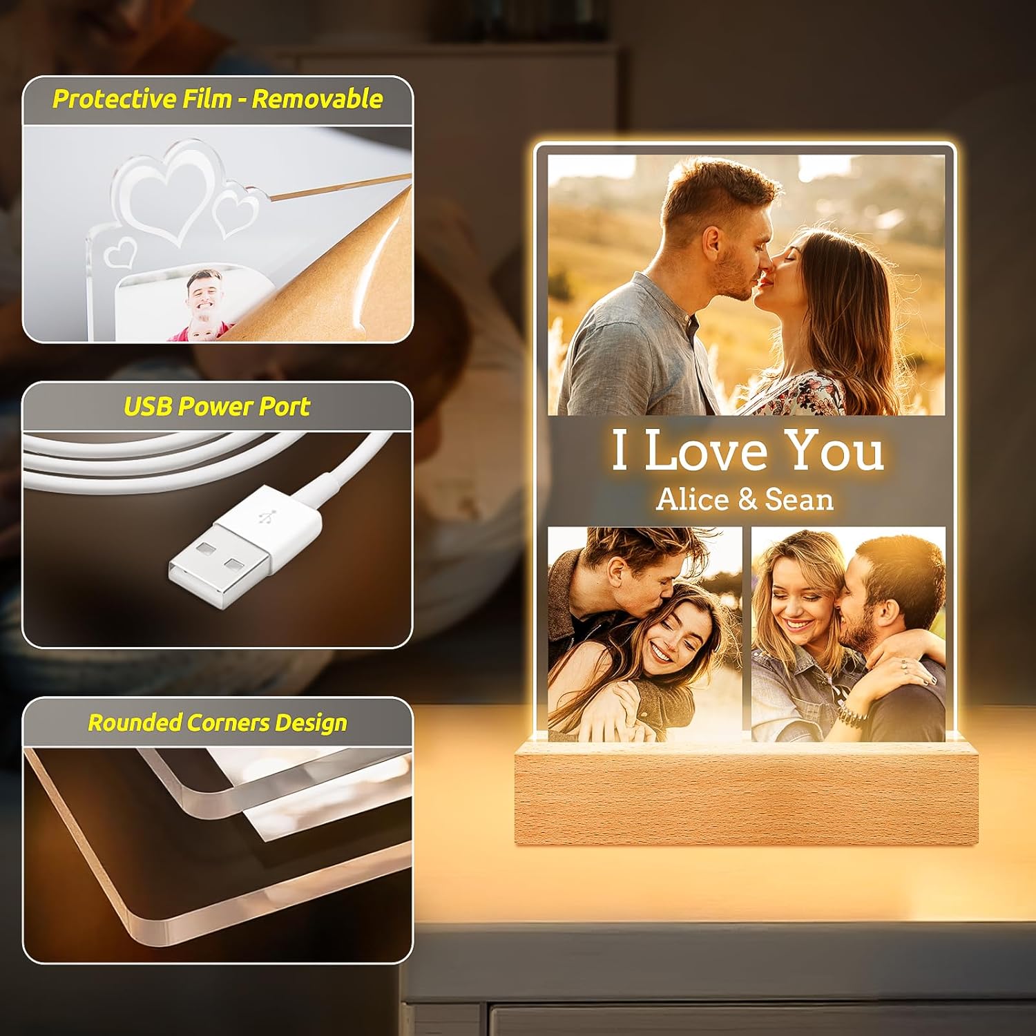 Custom Picture Frames with Photo, Personalized Photo Frame with Night Light, Customized Picture Frame, Personalized Anniversary Valentines Day Gifts for Women Men Her Him Girlfriend Boyfriend Couple