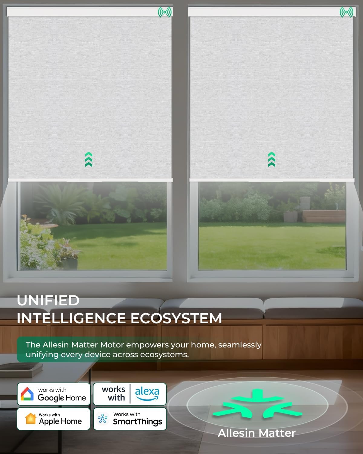 Allesin Motorized Roller Blinds – Rechargeable Smart Shades with Remote & Quiet Motor, Top/Bottom Aluminum Rails, Alexa-Compatible for Window (Custom Size, 100% Blackout Fog-Slub)