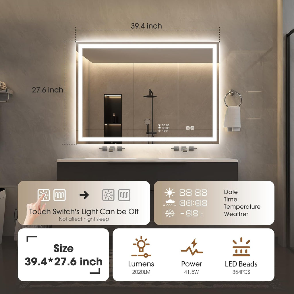 STARLEAD 40"x28" LED-Bathroom-Mirror-with-Lights, Wall-Mounted with Clock, Anti-Fog, 3 Color Temperature, Dimmable Brightness, Waterproof, Tempered Glass, Frontlit & Backlit