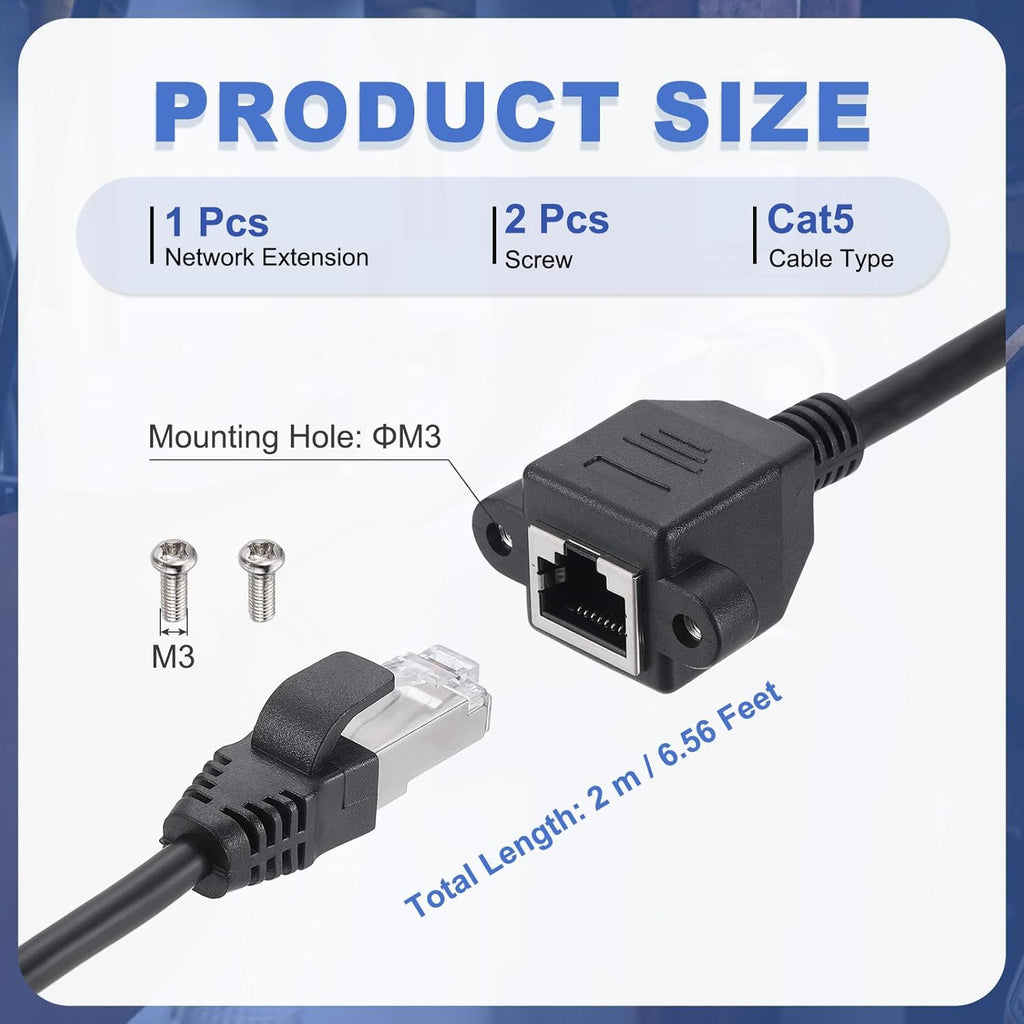 MECCANIXITY Cat5 Ethernet Extension Cable, 6.6Ft RJ45 Male to Female Screw Panel Mount Ethernet Cable Extender with 2pcs Screw for Router Modem PC Laptop Smart TV Printer