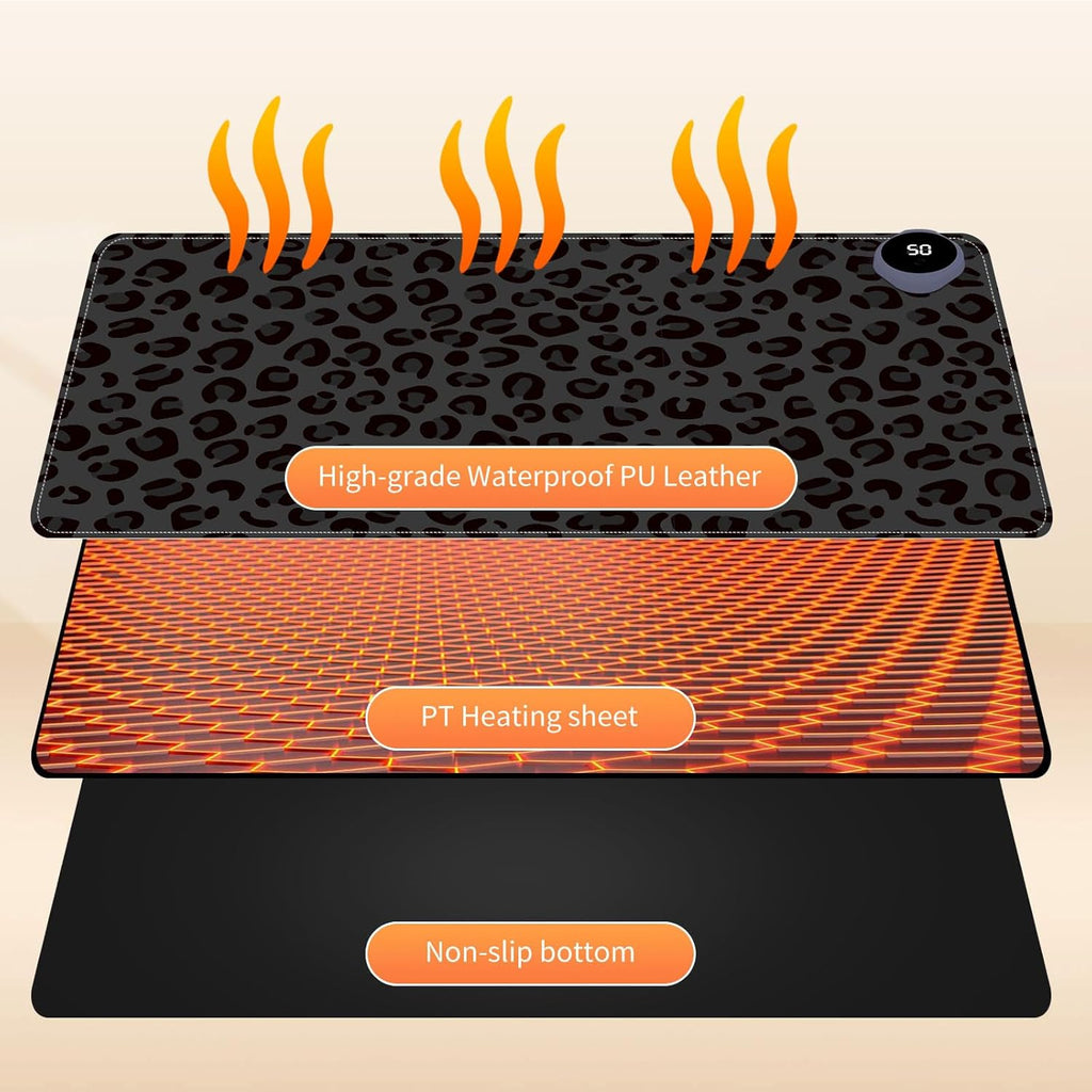 Small Heated Desk Pad 23.6" x 14.2" – Compact Electric Mouse Pad with 3 Heating Levels, Auto Shut-Off, Waterproof PU Surface, Plug-in Warmer for Office or Home Use, Dark Leopard Print