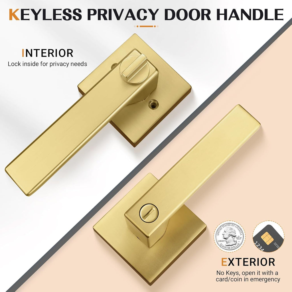 Probrico Heavy Duty Flat Gold Door Handles Square Privacy Interior Door Levers Bedroom and Bathroom Door Handles Keyless Bed/Bath Lockset (4 Pack)