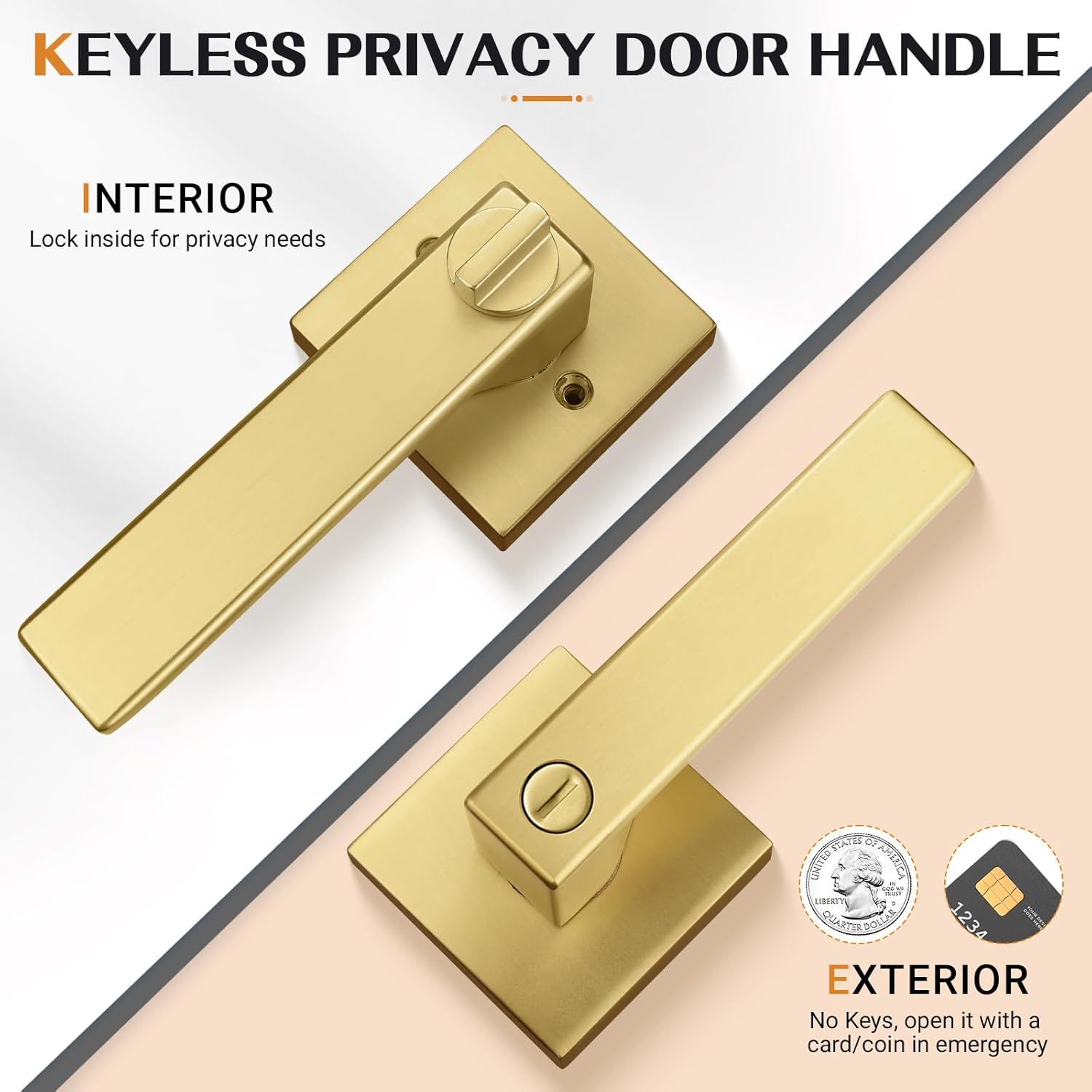 Probrico Heavy Duty Flat Gold Door Handles Square Privacy Interior Door Levers Bedroom and Bathroom Door Handles Keyless Bed/Bath Lockset (8 Pack)