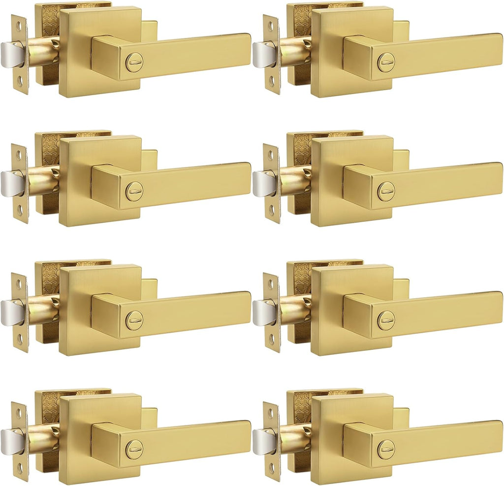 Probrico Heavy Duty Flat Gold Door Handles Square Privacy Interior Door Levers Bedroom and Bathroom Door Handles Keyless Bed/Bath Lockset (8 Pack)