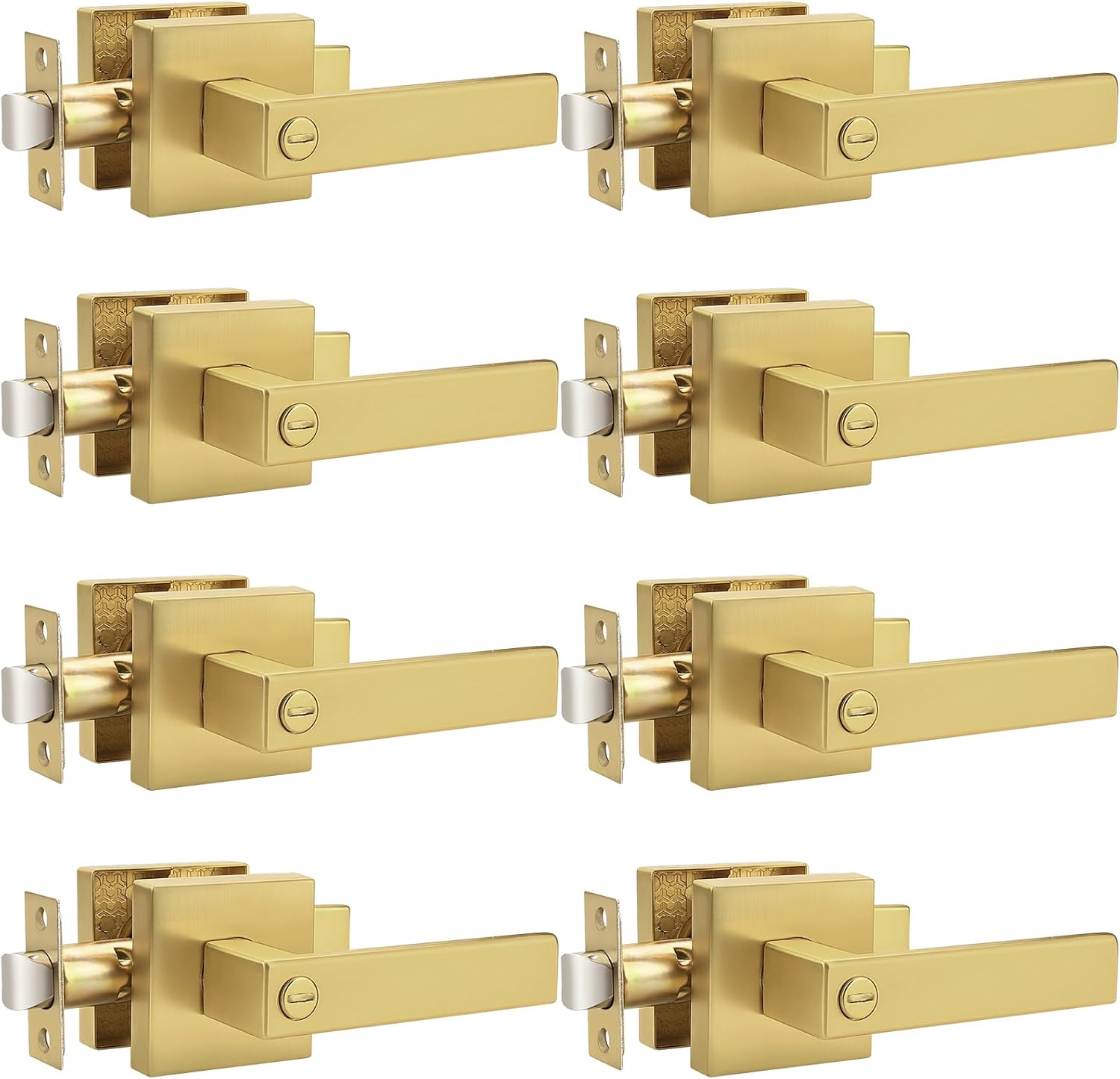 Probrico Heavy Duty Flat Gold Door Handles Square Privacy Interior Door Levers Bedroom and Bathroom Door Handles Keyless Bed/Bath Lockset (8 Pack)