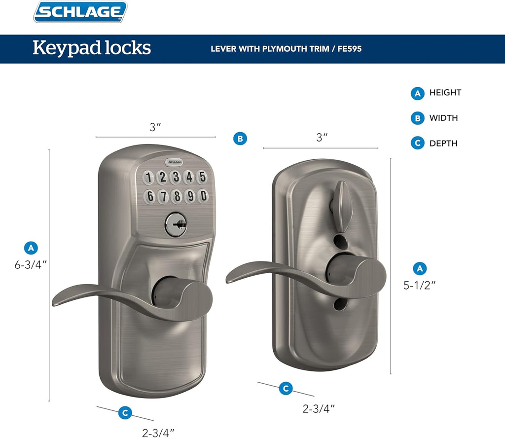 SCHLAGE Brushed Chrome FE595CS V PLY 626 ELA Plymouth Light Commercial Electronic Keypad Lock with Elan Lever(Satin Chrome) (Pack of 2)