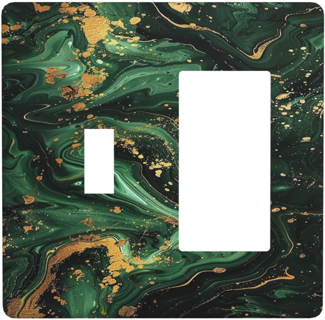 Green/Gold Modern Abstract Luxury Marble 2 Gang Combo 1 Toggle 1 Rcoker Light Switch Covers Decorative Switch Plates Electrical Switch Plates and Outlet Covers for Home Art Decor 4.5 X 4.5 IN