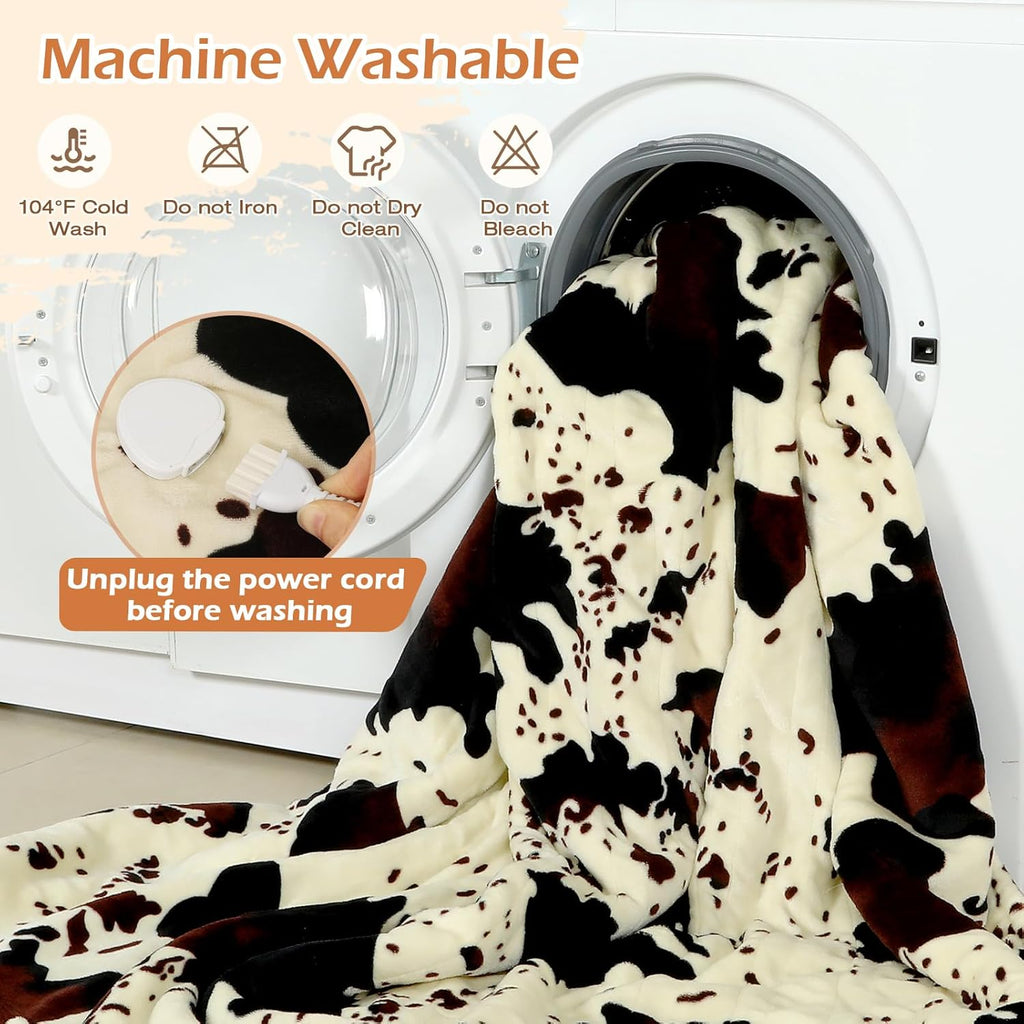 Heated Throw Blanket, 50"x60" Cow Print Electric Throw Heating Blanket, Cozy Soft Flannel Sherpa Heating Blankets with 9 Heat Levels & 2/4/8/12H Auto-Off