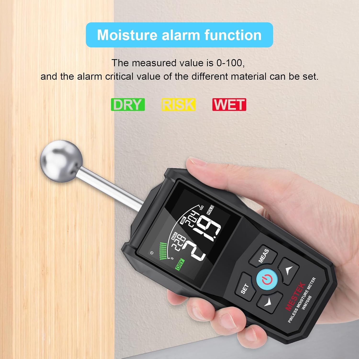 MESTEK Pinless Moisture Meter for Wood, Walls & Drywall, Digital Moisture Detector, Concrete Moisture Meter & Firewood Reader, Detects up to 40mm Below Surface with 3-Color LCD Display, Audible Alarm