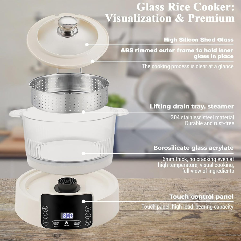 Low Carb Rice Cooker,3L Multifunction Smart Rice Cooker - 4H Keep Warm,Digital Display,Timer & Reservation Function,Suitable for Cooking,Simmering,Stewing,and Steaming(3L,Beige)
