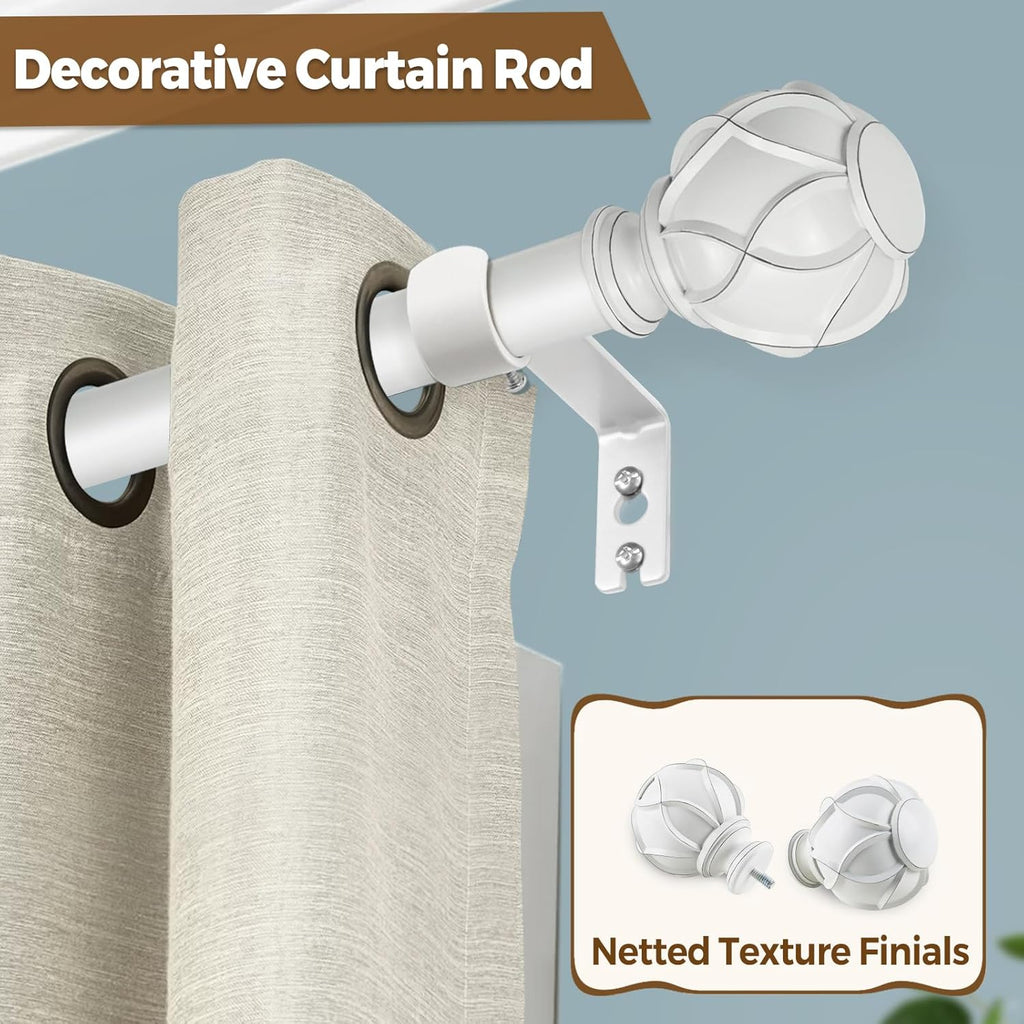 KAMANINA Curtain Rod 32 to 58 Inch(2.6-4.8Ft), Heavy Duty White Curtain Rods for Windows, 7/8 Inch Single Drapery Rod Adjustable, Decorative Netted Texture End