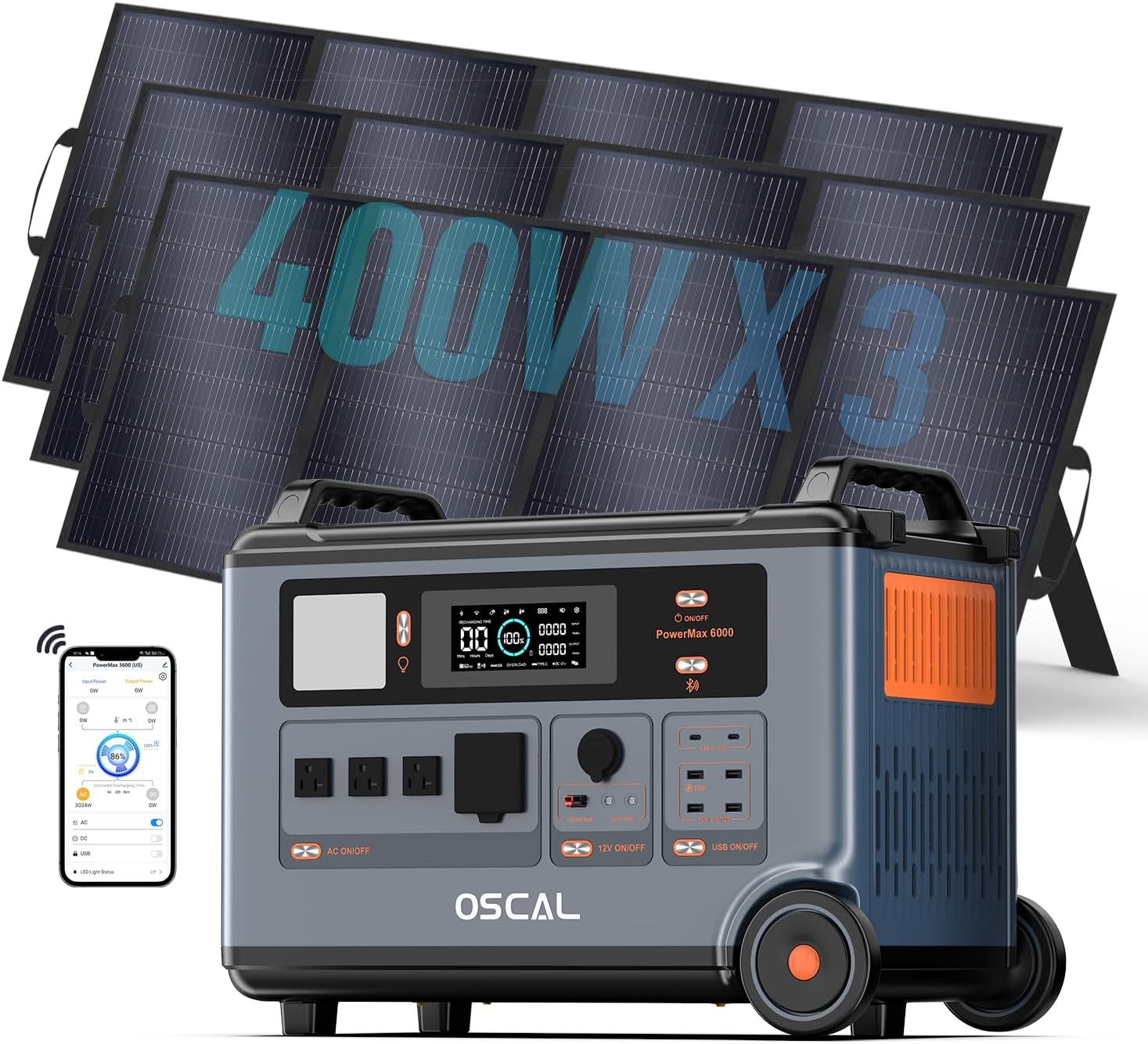 OSCAL 6000W 3.6kWh Solar Generator with 3x400W Solar Panel,Power Station 120V/240V Dual Voltage Lifepo4 Battery Generator with 14 Outlets,2200W 1.96H Fast Charge,Promax6000 for Home Backup.