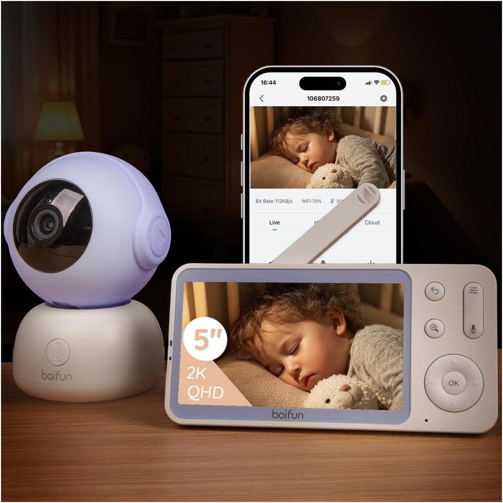 BOIFUN 2K HD Baby Monitor with Smartphone App, Wi-Fi Cameras,5-inch Display, Camera and Audio, Motion Tracking, Encrypted Connection, Night Vision, Long-Range 2-Way Talk, Temp Sensor