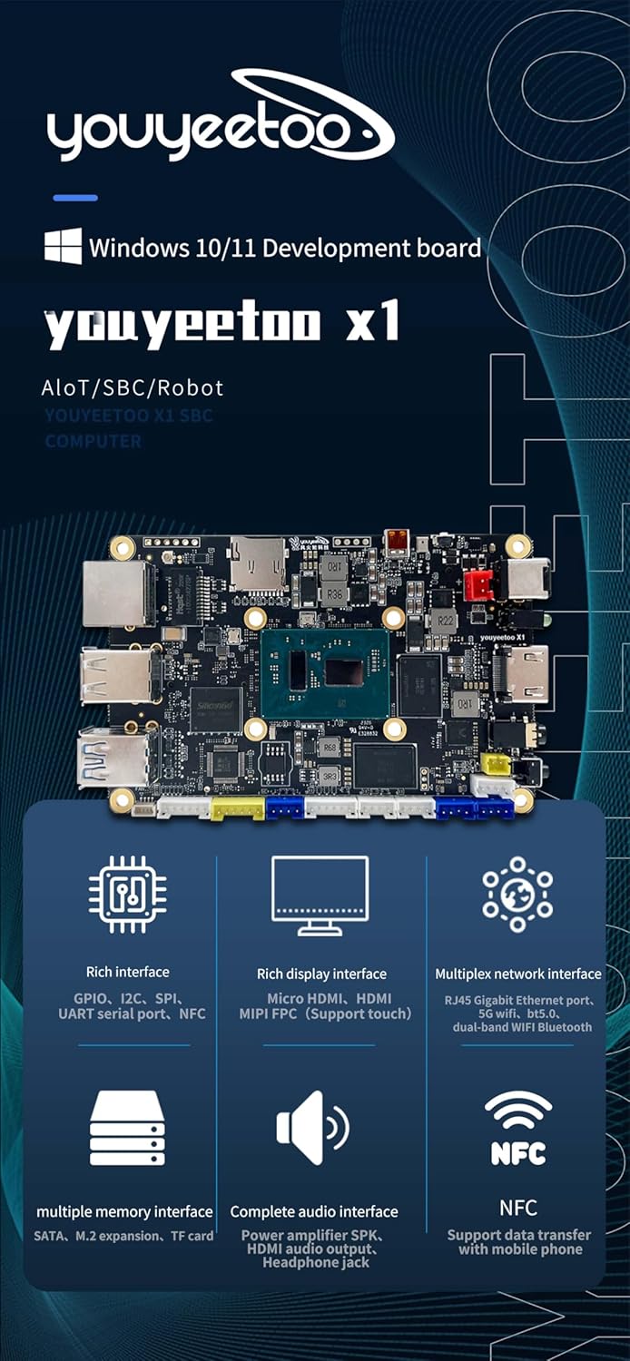 WayPonDEV youyeetoo X1 X86 Single Board Computer - A 64bit Windows 10/11/Linux Mini PC with Celeron N5105 CPU, Support Optional WiFi&BT NFC, PCIE 3.0 M.2 2280 NVMe or SATA SSD (8GB RAM+64GB Storage)