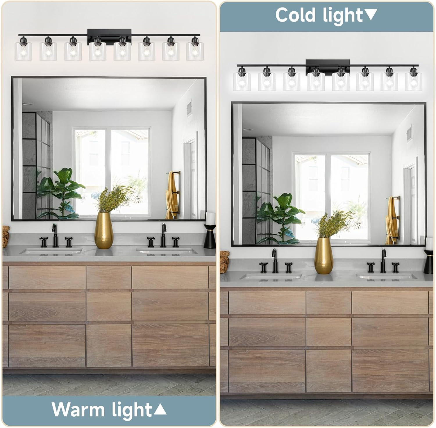 Modern 8 Light Bathroom Light Fixtures, 52 inch Vanity Lights for Bathroom with Clear Glass, Black Bathroom Light Fixture for Mirror Kitchen Living Room Hallway Cabinet Porch