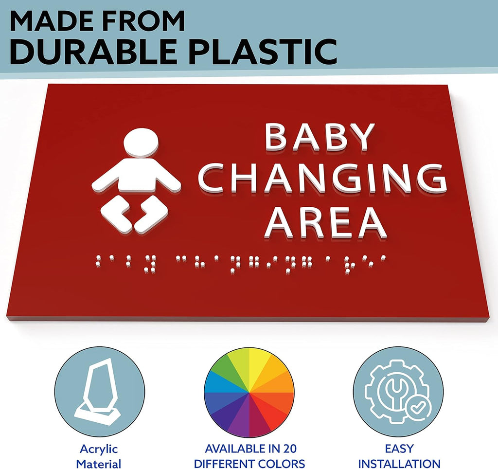 6" X4" Baby Changing Area Sign | Tactile Graphics Grade 2 Braille Text Baby Care Sign| ADA Compliant Wall Mount Plastic Restroom Sign for Hospital, Offices, Clinics and Apartments