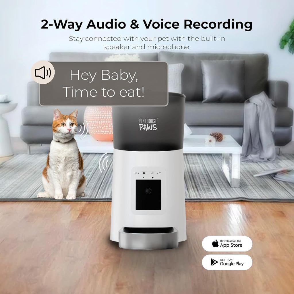 Smart HD Automatic Cat Feeder with 1080P Camera & Night Vision, 2-Way Audio, WiFi App Control, Anti-Jam 6L Cat Feeder with Backup Power, Easy to Clean, Up to 15 Meals for Cat & Dog, White Stainless