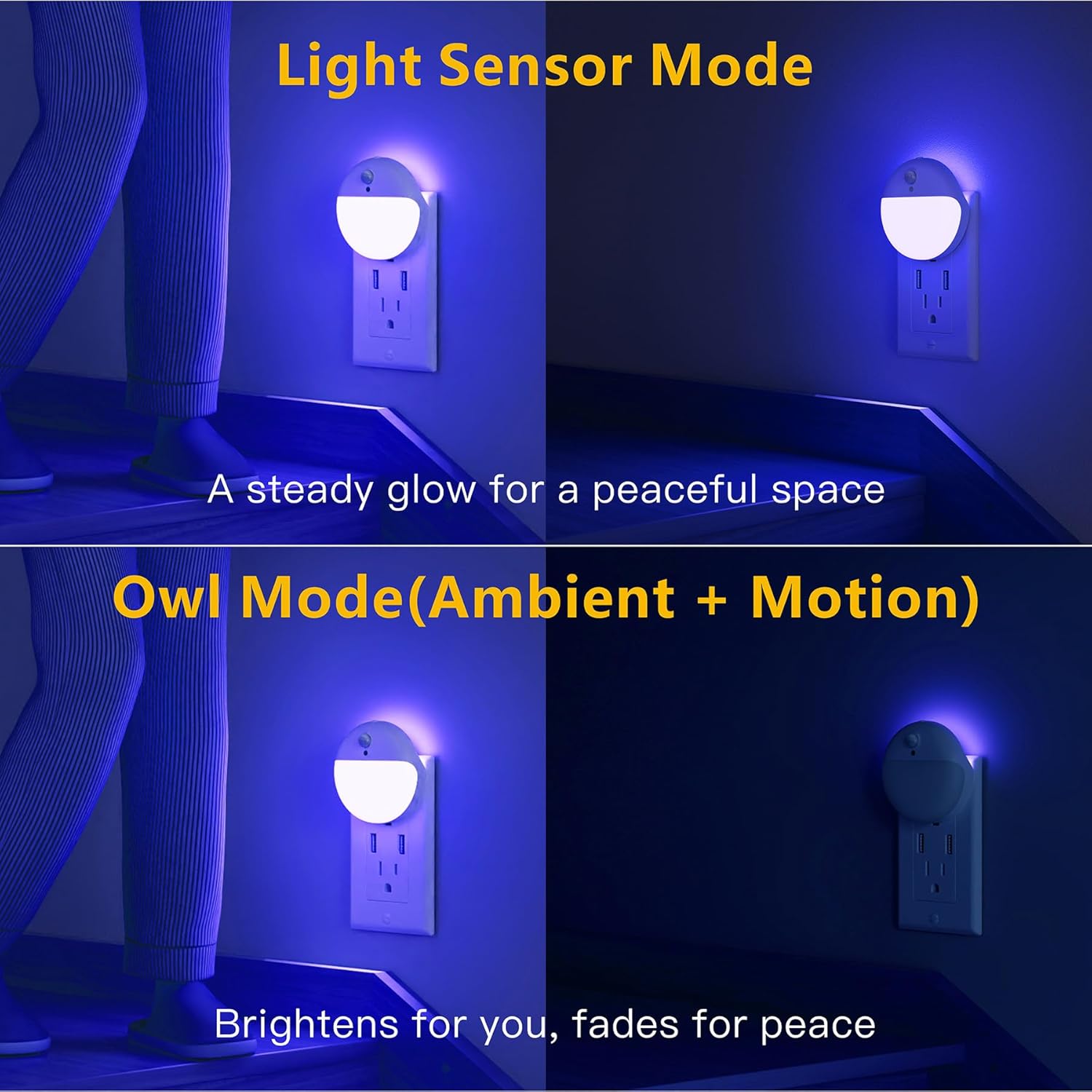 2 Pack Plug in Night Light with Motion Sensor and Dusk to Dawn Sensor, Stepless Dimming, Blue LED Nightlight with 3 Lighting Ways for Bathroom, Bedroom, for Girls, Boys, Adults