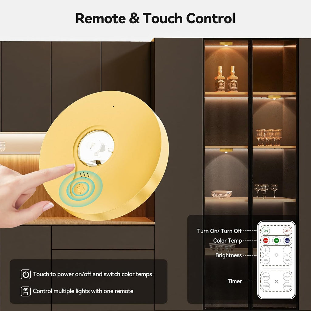 Yiliaw Rechargeable Puck Lights with Remote, 12 Pack Magnetic Under Cabinet Lighting, 1500mAh Battery Operated LED Tap Lights with Dimmer & Timmer for Kitchen, Closet, Shelf - 3 Color Temps, Gold