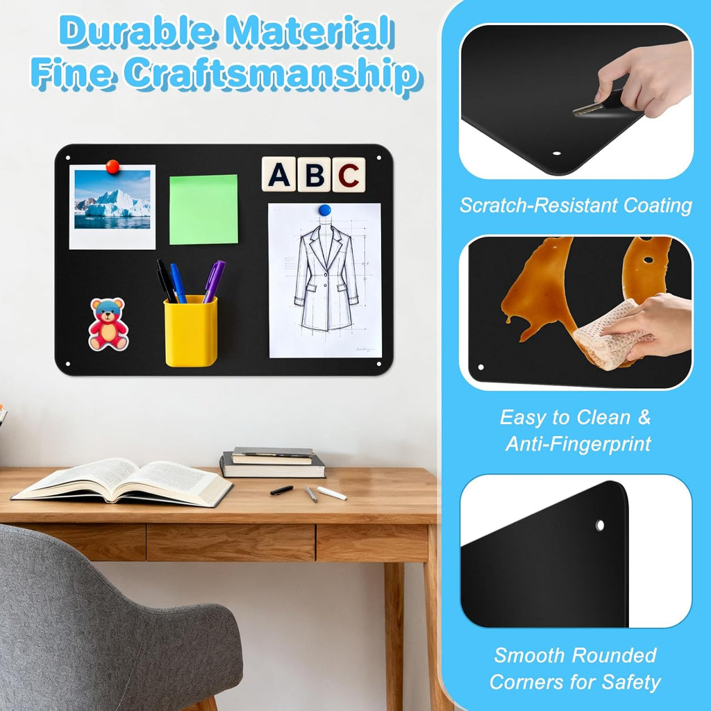 ARVOK 2 Pack Black Magnetic Board 17.1" x 11.8", Metal Magnet Bulletin Board for Wall, Refrigerator, Cabinet, Display Notes, Photos, Poetry, Includes 8 Screws & 8 Dual Lock Tapes, 4 Support Screws