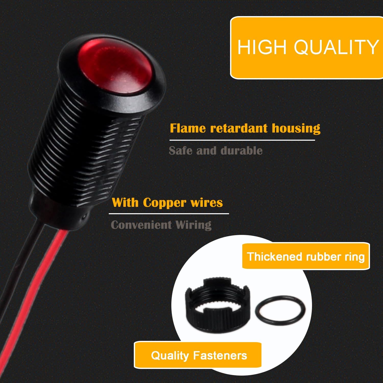 5pcs 12mm 12V-24V LED Indicator Light Plastic Black Signal Dot Lamp 1/2 inches Mounting Hole Size with 15cm/5.9in. Wire (Red LED)