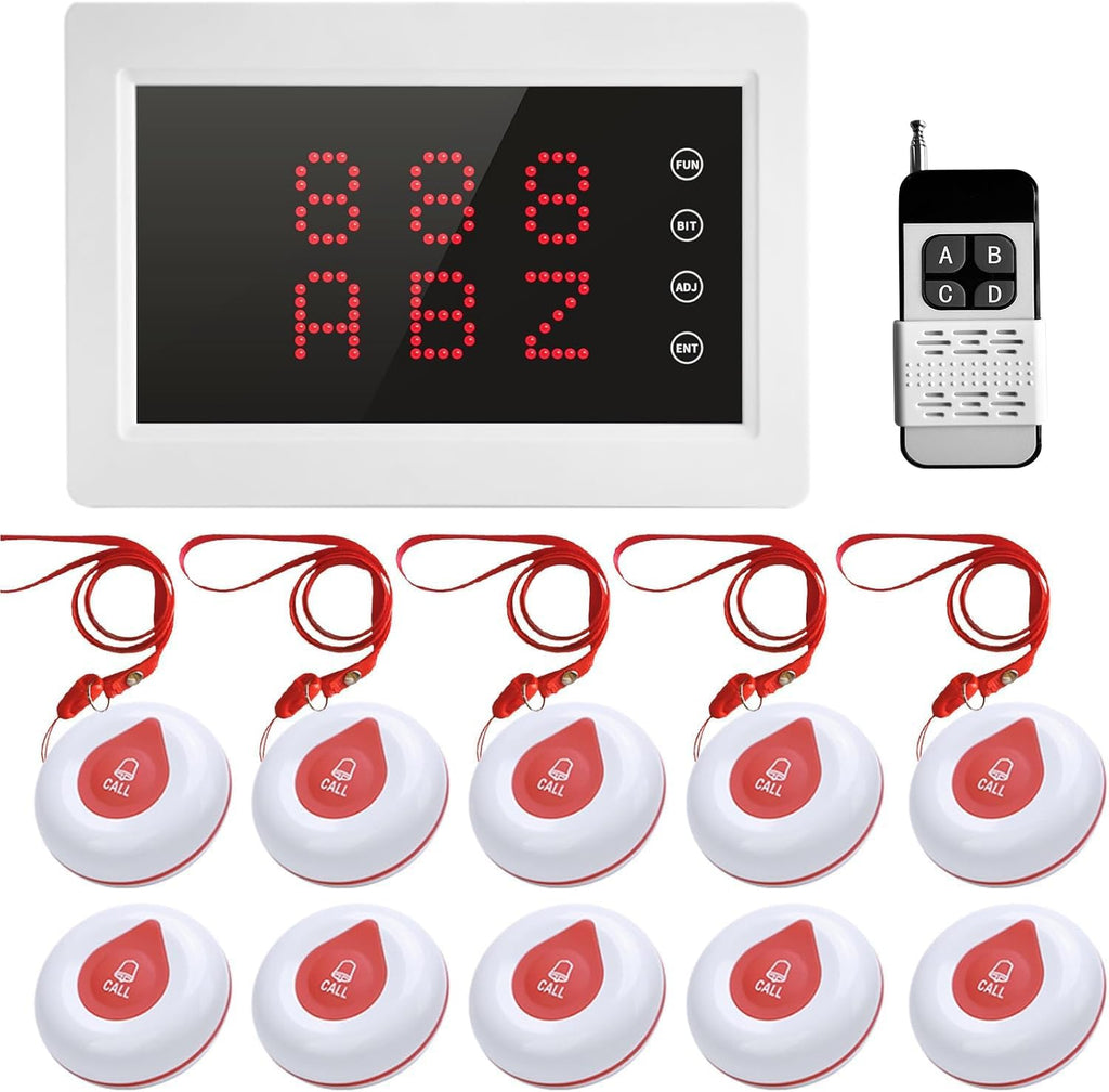 Wireless Calling System Caregiver Pager System 1200+ ft with 1 Display Receiver/Wireless Remote Control /10 Waterproof Call Buttons for Nursing Home Clinic Caregiver