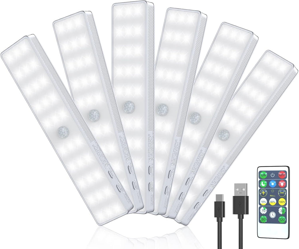 LED Closet Light, 6 Pcs 30LEDs Dimmer Rechargeable Motion Sensor Under Cabinet Lighting, Stick-Anywhere Night Safe Light Bar for Wardrobe,Kitchen