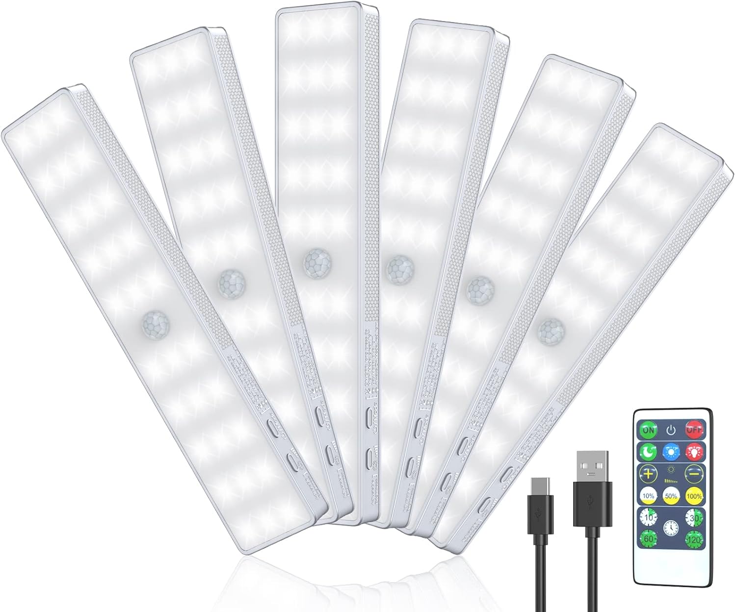 LED Closet Light, 6 Pcs 30LEDs Dimmer Rechargeable Motion Sensor Under Cabinet Lighting, Stick-Anywhere Night Safe Light Bar for Wardrobe,Kitchen
