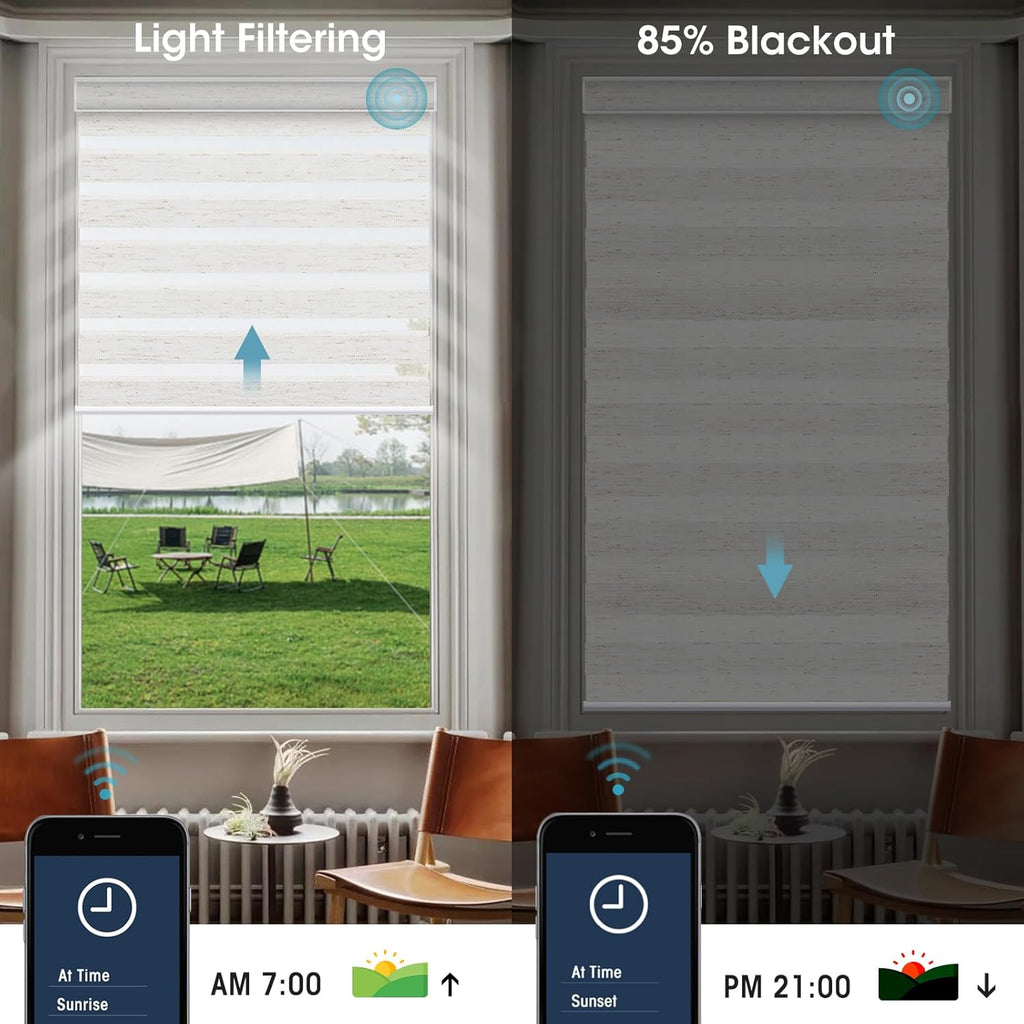 SmartWings Motorized Zebra Shades with Valance Work with Alexa Thread Homekit Z-Wave Google Home, 85% Blackout Light Filtering Day Night Sheer Blinds Remote Control, Customized 16"-110"W, Linen White